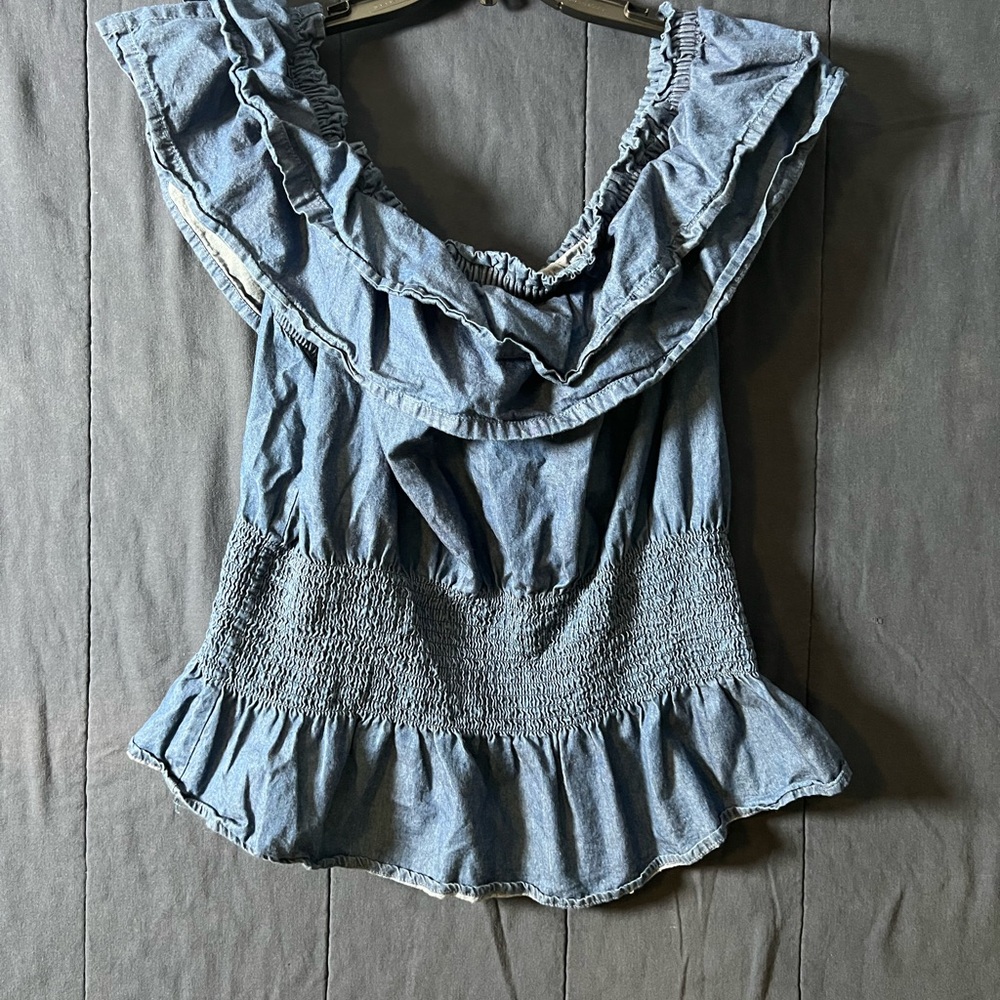 Ashley Stewart Chambray Ruffle Smocked Blouse